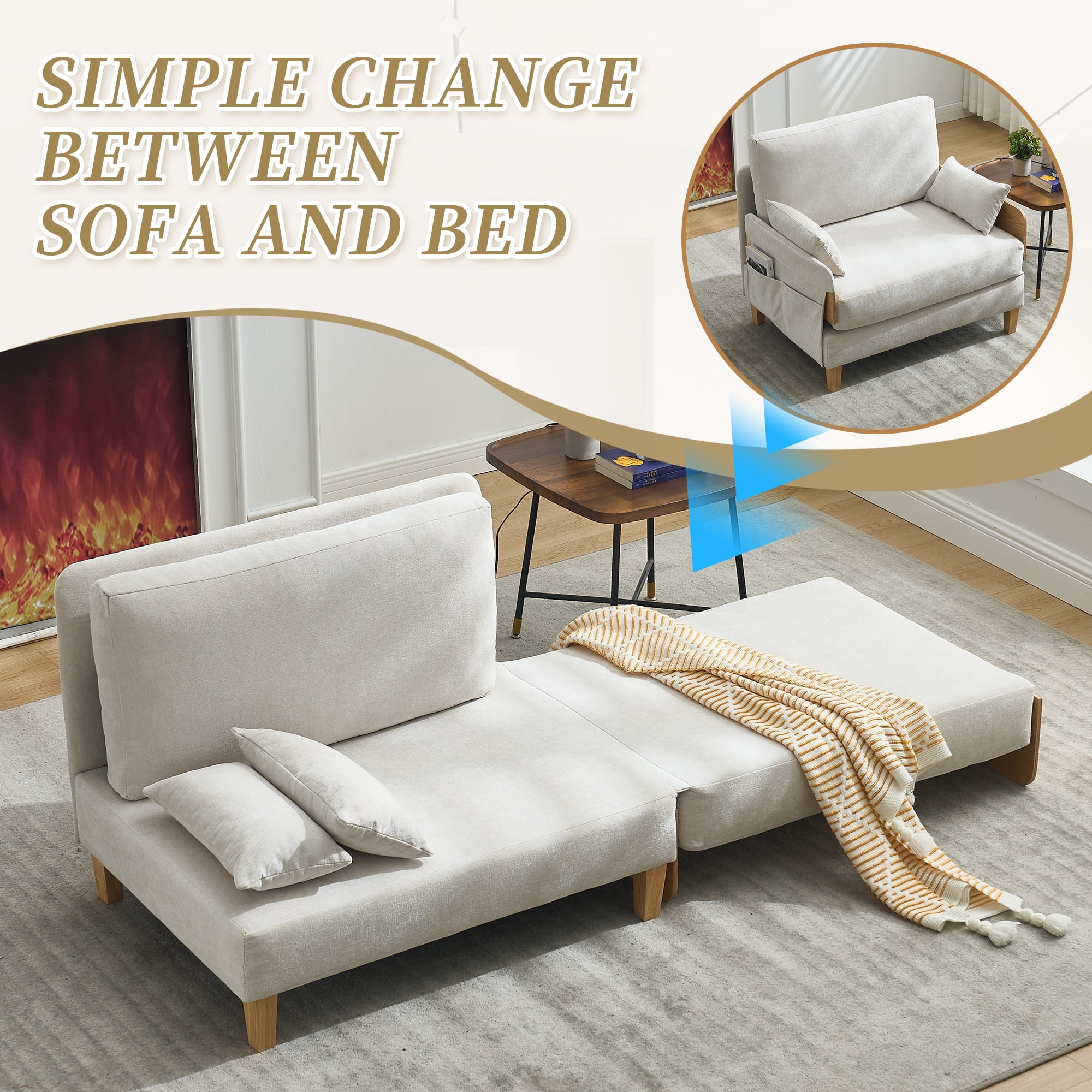MOONMISS Chenille 3-in-1 Convertible Sleeper Foldable Sofa Bed Recliner Chair with 3 Pillows,Beige