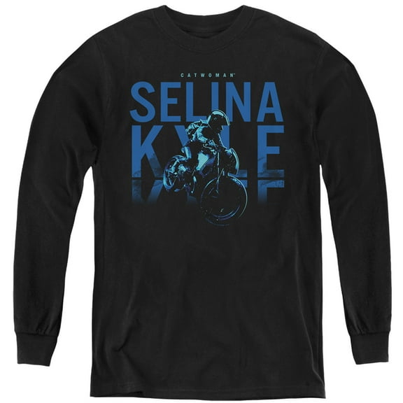 The Batman Selina Kyle Motorcycle Kids Long Sleeve T Shirt (Small) for Youth Boys and Girls, Black