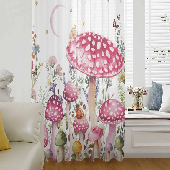 Pink Mushroom Semi Sheer Curtains Drapes for Living Room, Bedroom, French Doors Window 96 Inches Long, Butterfly Flower Moon Country Botanical Rod Pocket Chiffon Curtain Drapery Voile Drape Panel