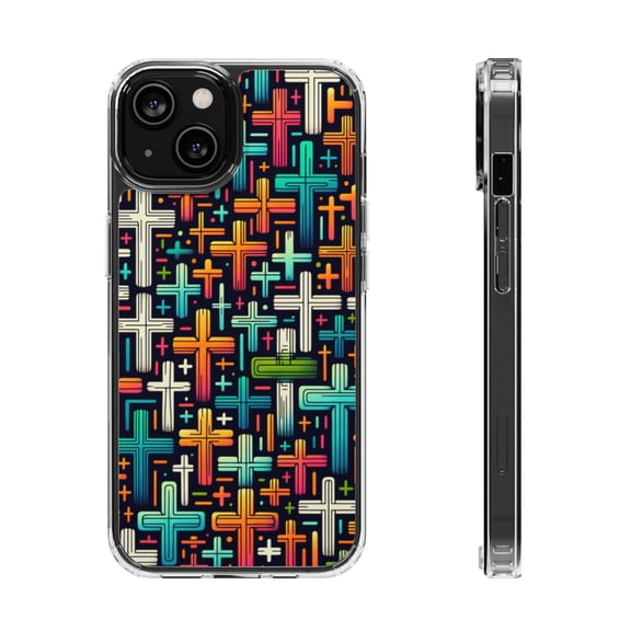 DistinctInk Hybrid (Acrylic / TPU) Clear Slim Fit Case for Apple iPhone 14 (6.1" Screen) - "Vibrant Cartoon Crosses on Dark Background"