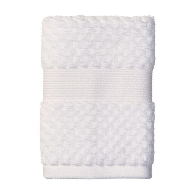 Better Homes & Gardens Signature Soft Popcorn Texture white towel featuring a plush, textured surface with a smooth woven band across the center.