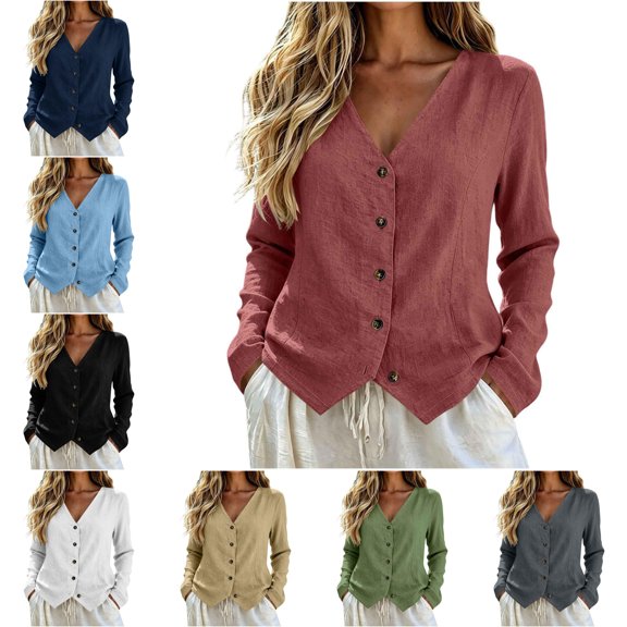 Womens Long Sleeve Jackets V Neck Button Soft Textured Shirts Solid Color Breathable Warm Blouses