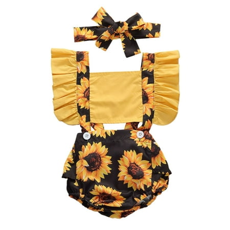 

Gwiyeopda Infant Newborn Baby Girls Sunflower Patchwork Ruffled Sleeve Jumpsuit Headband 2Pcs Set