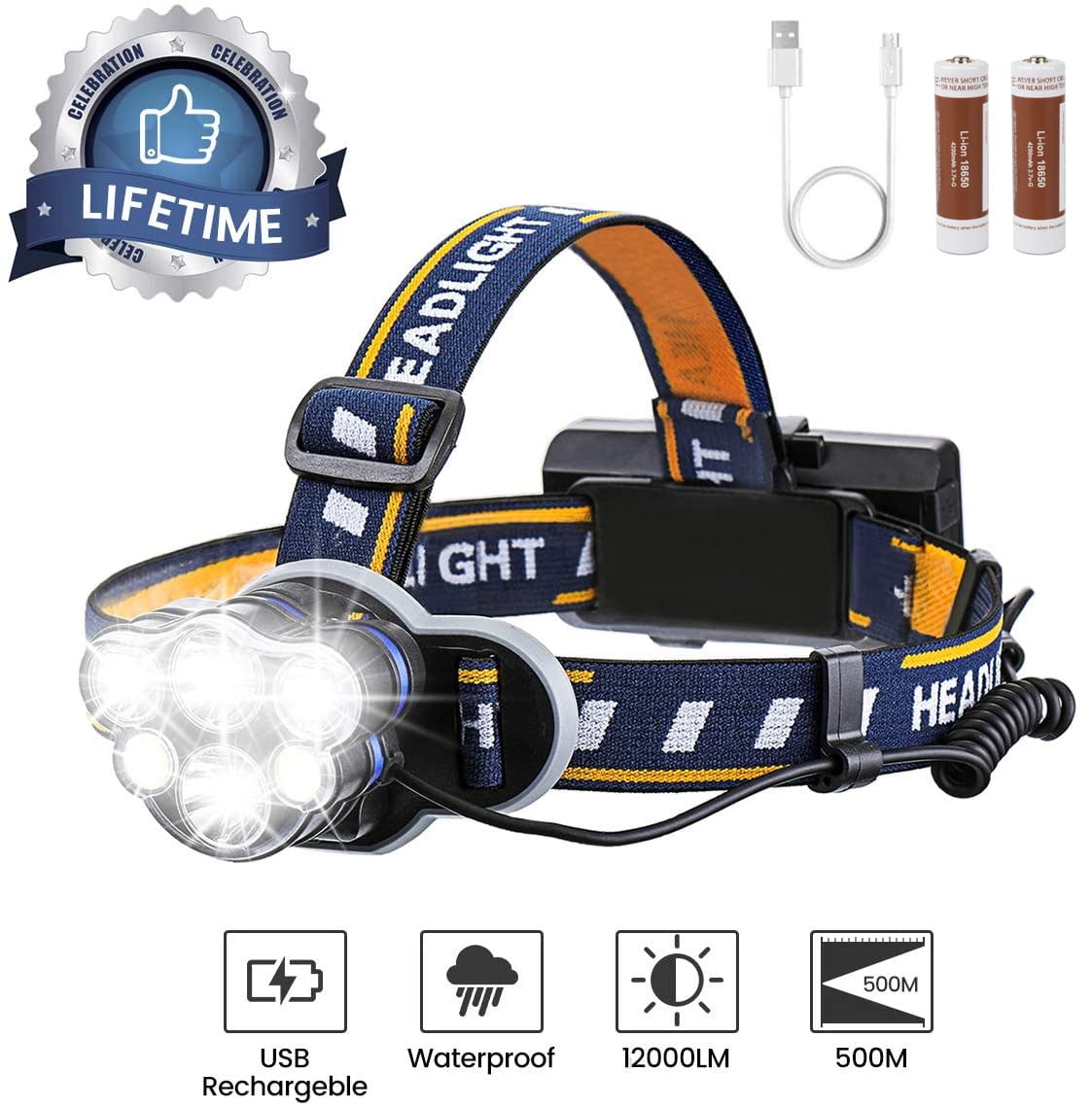 Rechargeable Headlamp, 12000 Lumens 6 LED 8 Modes USB Charger HeadLight  with 2 Batteries, Waterproof LED Head Torch Flashlight for Camping,  Fishing, 