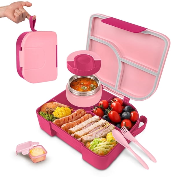 Primlect Bento Caja, Juego de 3 Compartimentos para Almuerzo Infantil, con Frasco de Comida Aislado a Prueba de Fugas, Rosa