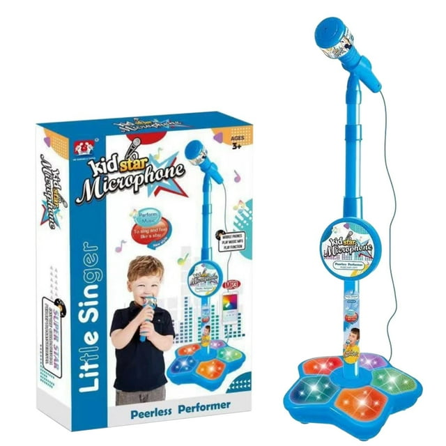 Ensemble de Microphone Debout Microphone avec Support Ajustable pour Enfants Machine de Karaoké avec Lumières Fête pour Filles Passe-Temps Chanter Jouet Musical avec Lumières Clignotantes Jouets Âge 6-8, Bleu