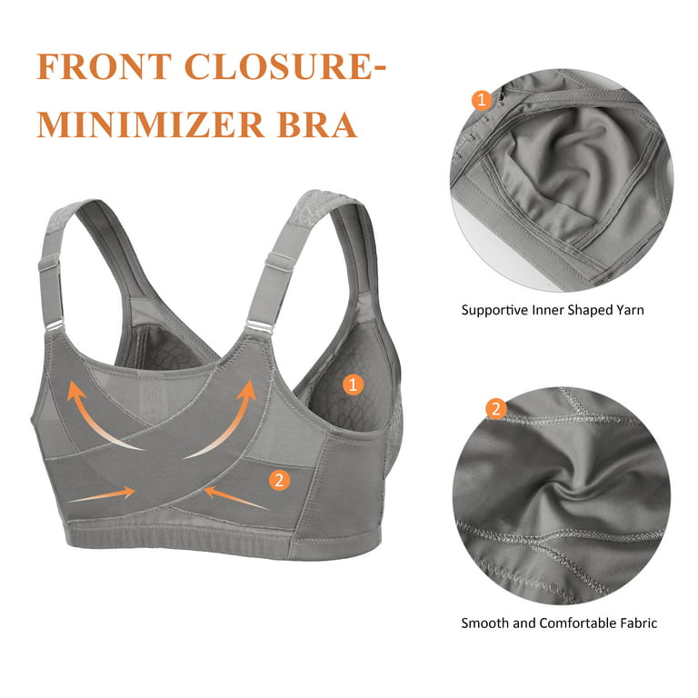 Exclare Women's Front Closure Full Coverage Wirefree Posture Back Everyday  Bra(Grey,44DDD)