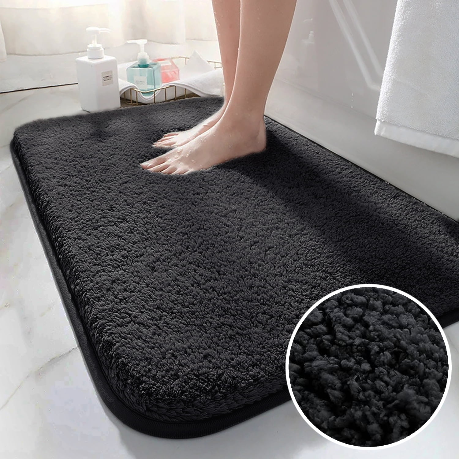 Thin Bathroom Rugs,Microfiber Bath Mat,Non Slip Contour Rugs,Machine  Bathtub,Bath Stone Mat Quick Dry Shower Mats for Entryway. (Black)