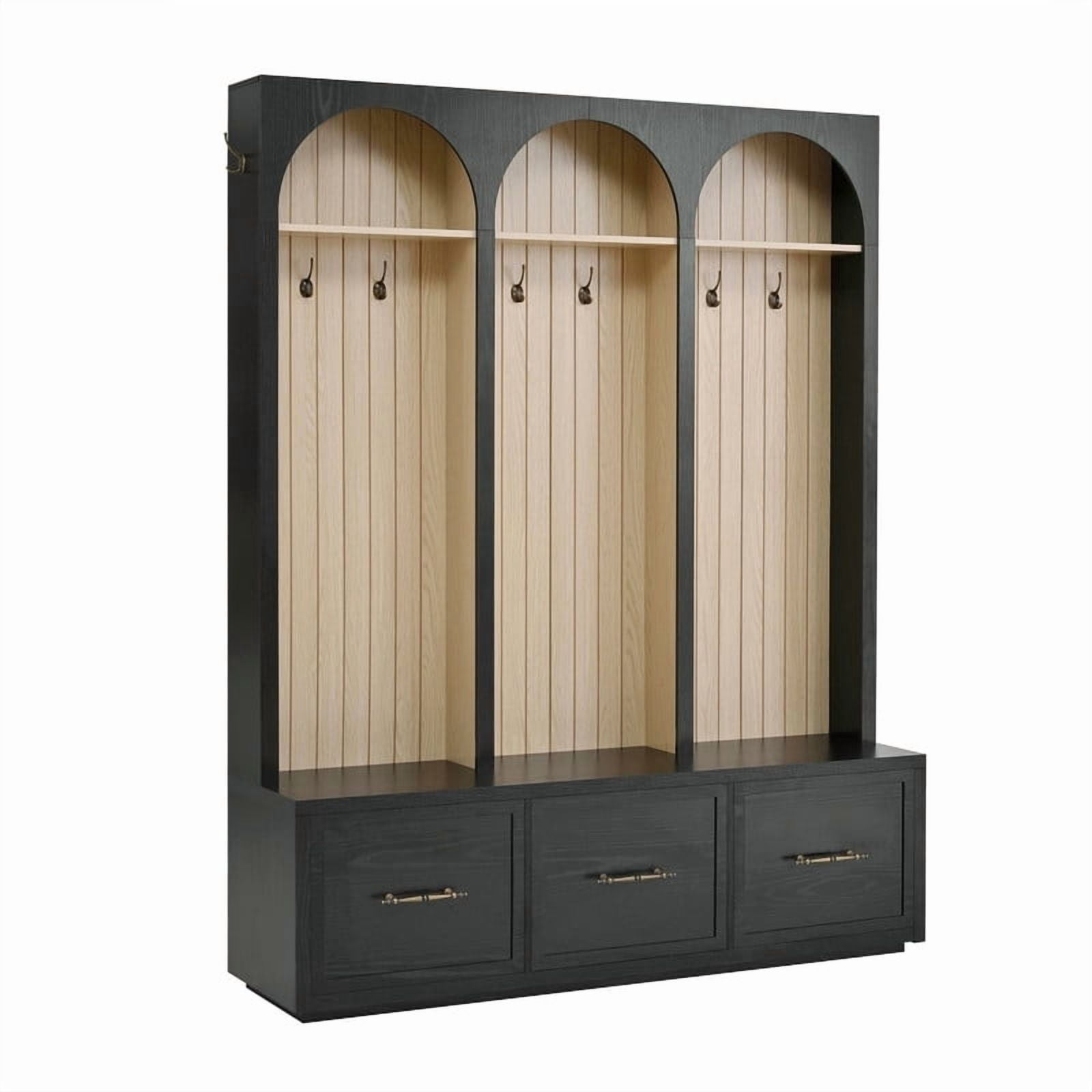 Farmhouse Arched Design Hall Tree with Retro Hooks, Entryway Seating Bench with 3 Storage Drawers, Elegant Coat Rack for Living Room