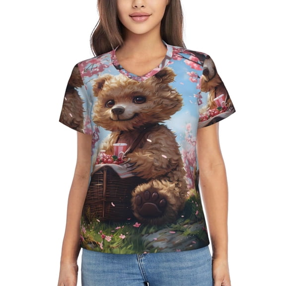 Vsdgher Romantic Floral Bear Women Shirts V Neck Short Sleeve Tops T-Shirt Basic Tees, S to 3XLSmall