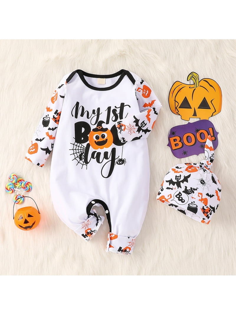 Baby Girl Halloween Outfit - Ghost/Pumpkin Bubble Romper Bodysuit (0-18 Months)