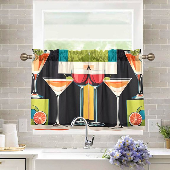 Yayeee Kitchen Curtains Tier Pair Light Filtering 27"x36" Rod Pocket Short Cafe Window Panel, Art Cocktails