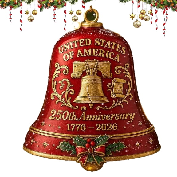 USA 250th Anniversary Bell Ornament - 3D Metal Commemorative Hanging Decor, Elegant Doorbell for Patriotic Holidays, Christmas Tree, Collectors Gift, Enamel Crafted Detailing