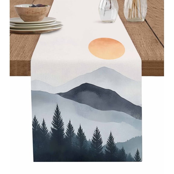 Grey Orange Table Runner 48 Inches, Modern Abstract Art Mountain Forest Bed Runner Dresser Scarves Tabletop for Indoor Outdoor Parties/Ceremony/Banquet, 13" x 48"