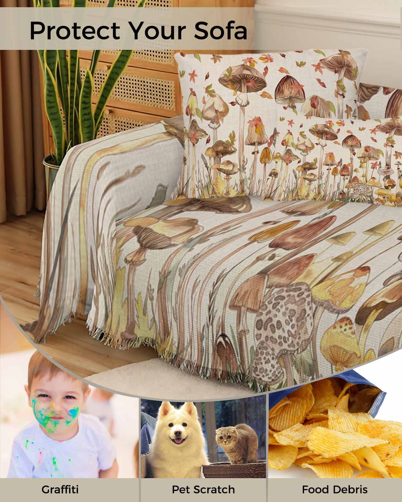 Autumn Mushroom Sofa Couch Covers for Dog,Washable Sofa Throw Cover Single Slipcovers for Armchair with Tassels,Fall Country Maple Leaves Beige Couch Protector Towel Blanket Medium 71''x91''