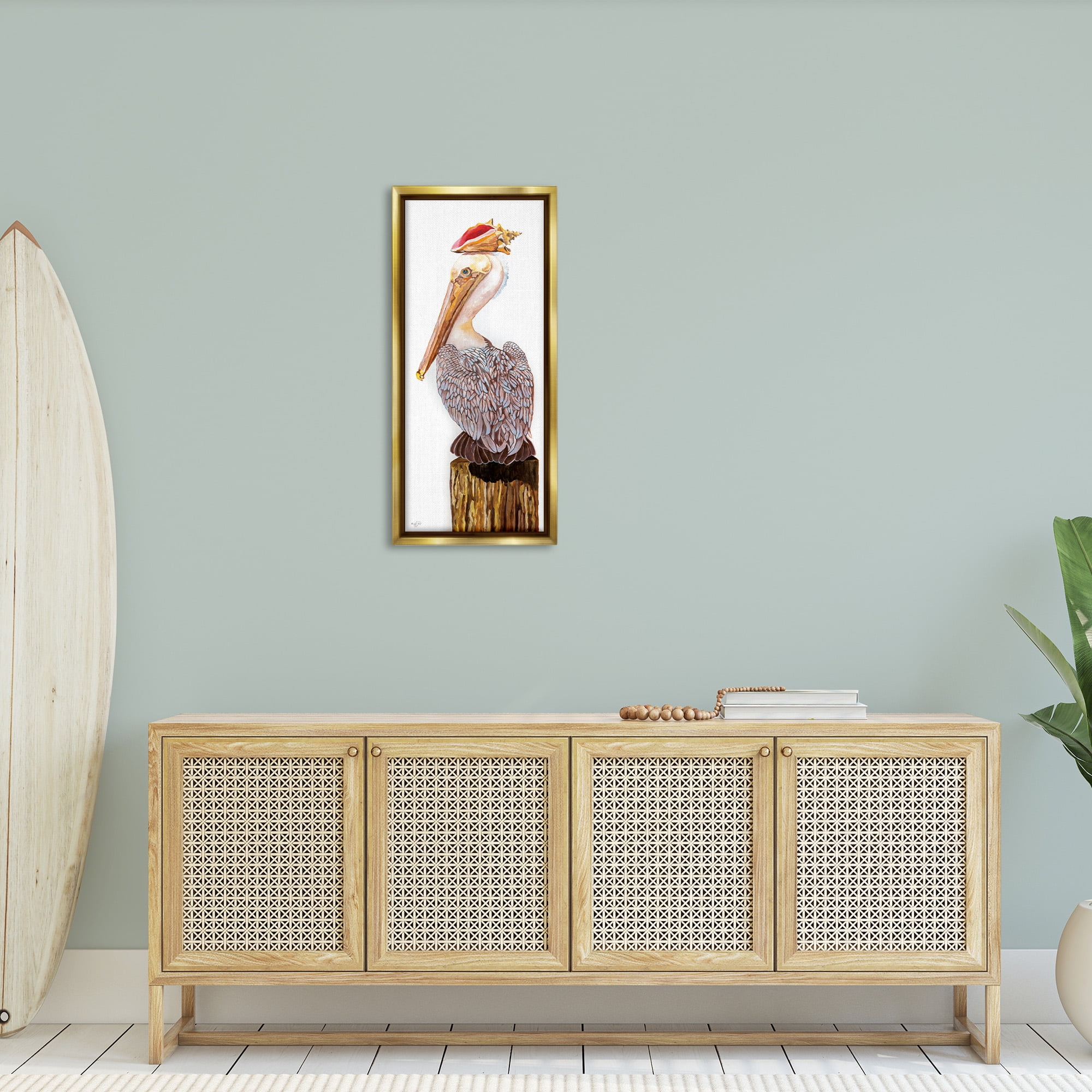 Stupell Industries Nautical Pelican with Sea Shell Animals & Insects Painting Gold Floater Framed Canvas Art Print Wall Art, 15 x 31