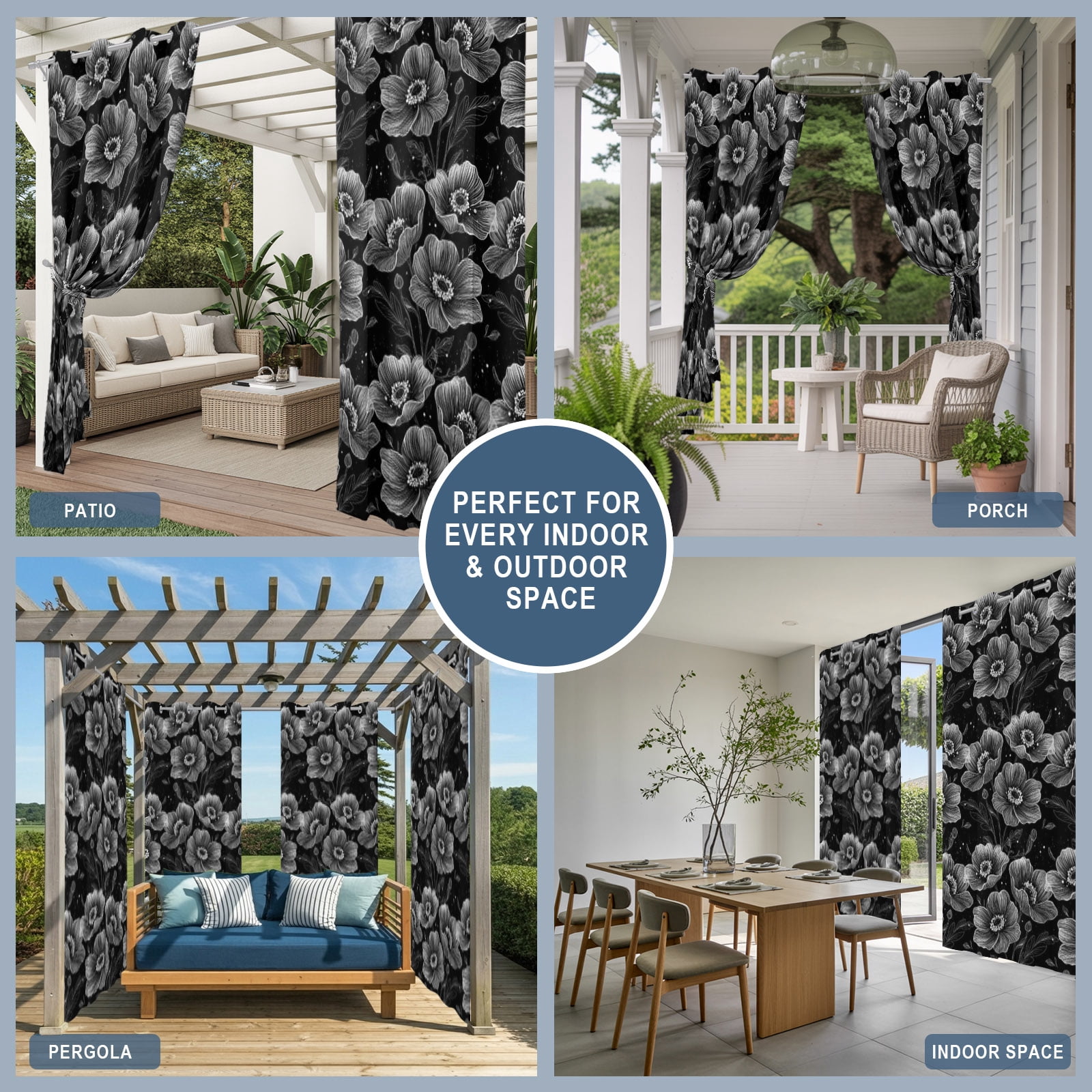 Peony Outdoor Curtains for Patio, Black Floral Botanical Silhouette Sunshade Privacy Drapes Grommet Waterproof Outside Curtains for Porch/Cabana/Balcony 54"x 108", 1 Panel