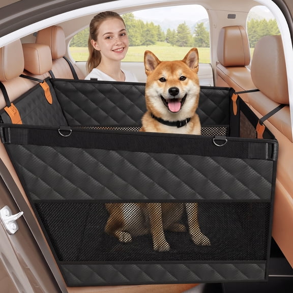SMATTO Large Dog Car Seat, Back Seat Extender for Dogs with 3 Mesh Windows, Waterproof Medium Carseat for Dogs with 4-Splice Hard Bottom, Pet Seat Cover for Cars, Trucks and SUVs (Black)