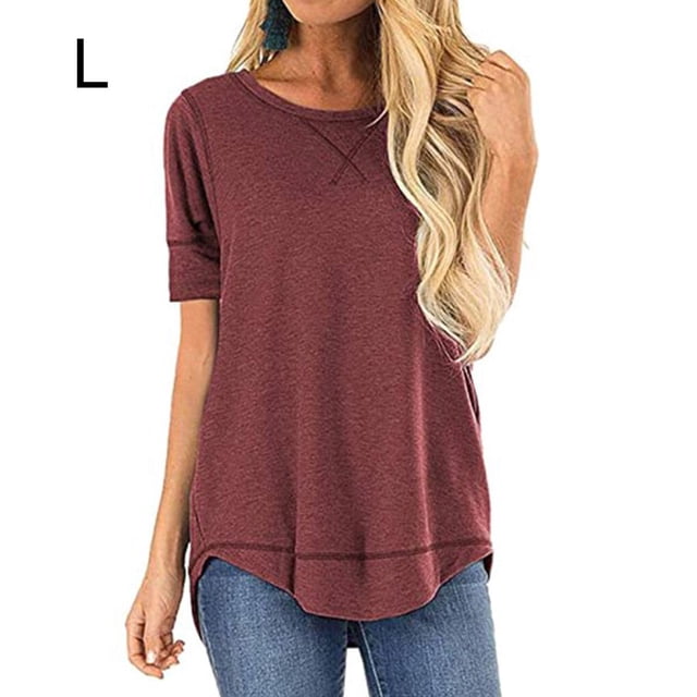kurtrusly Women T-shirt Solid Color Stitching Top Asymmetrical Hem Blouse, Purple Red, L