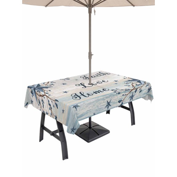 Outdoor Tablecloth with Umbrella Hole for Patio/Picnic/Party/Camping, Vintage Farmhouse Waterproof Table Cloth Rectangle Table Cover Washable, Blue Country Texas Star Vines Wooden (52"x 70")