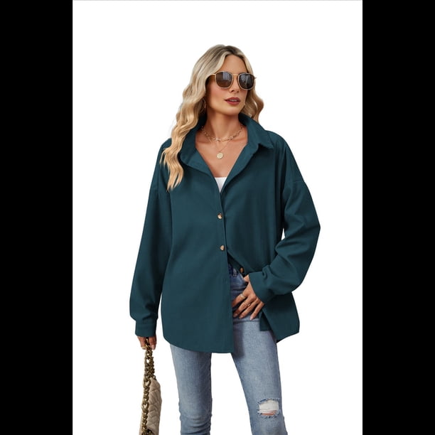 Camisas de con Botones para Mujer, Elegantes, Informales, de Larga, Holgadas, con Bolsillo, Azul Pavo Real, XXL