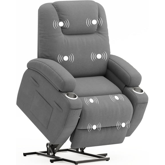 Power Lift Recliner Chair with Massage Ergonomic Recliner Chair for Elderly People, Single Sofa with Cup Holders, Side Pockets (Fabric, Gray)
