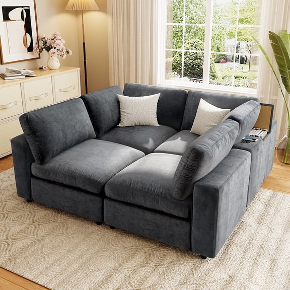 Harper & Bright Designs Modular Sectional Sofa with Storage, Free-combined Sectional Convertible Couch with SB Charge Ports, Wireless Charging and Built-in Bluetooth Speaker in Arm, Grey