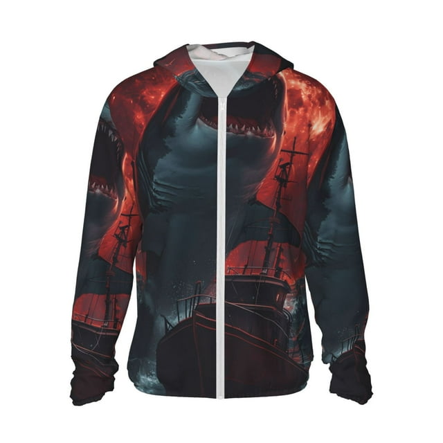 Vsdgher Sweat à Capuche Imprimé Bateau Requin Lune Rouge pour Hommes Femmes, Manches Longues Protection Solaire Pêche Course Natation-TTG