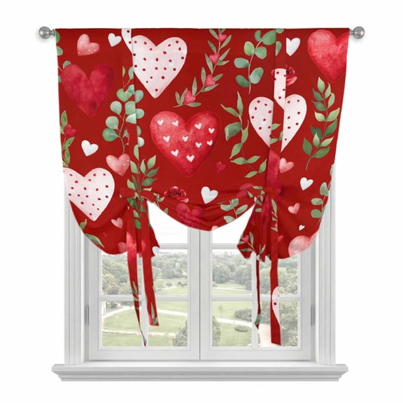 Valentines Tie Up Curtains 45 Inches Long, Kitchen Window Curtains Over Sink, Pink Red Love Heart Spring Green Botanical Small Window Curtains Shade Balloon Curtains Valances for Bedroom/Cafe 34"x45"
