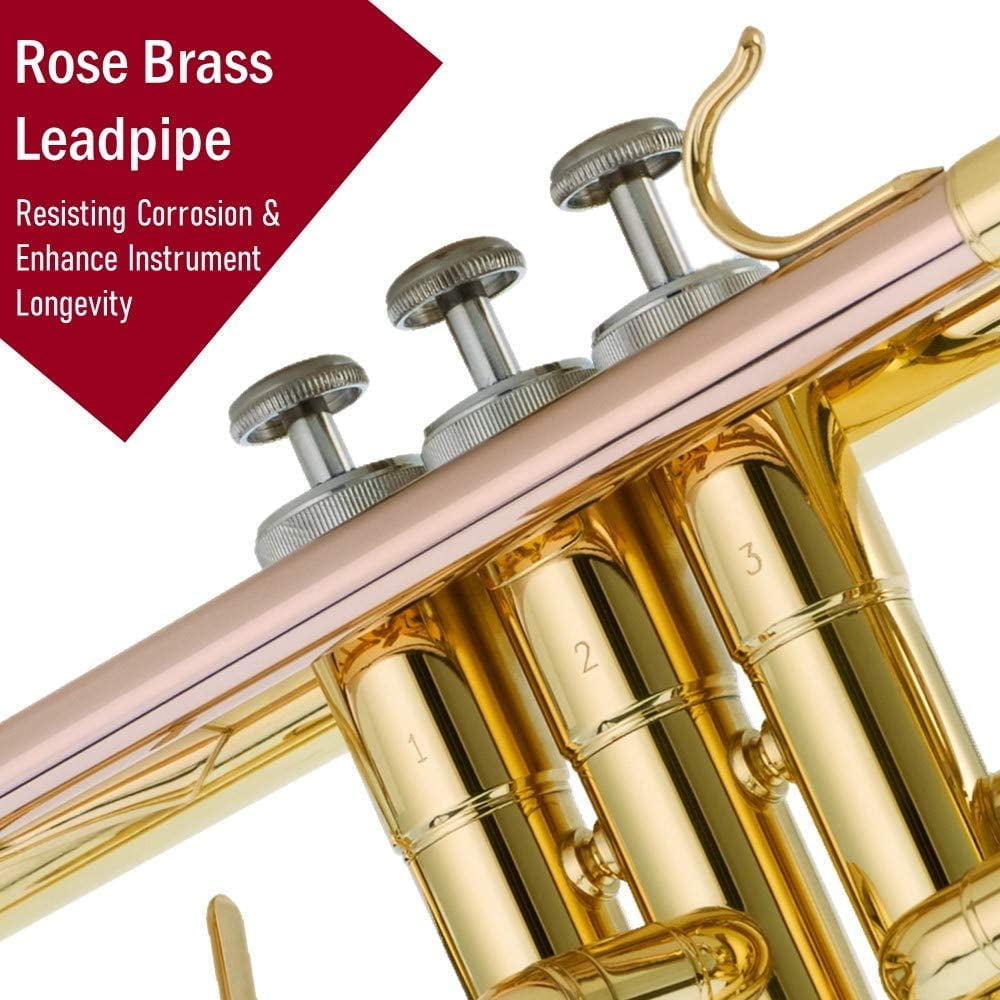 Libretto Gold Lacquer Bb Trumpet Set, Rose Brass Leadpipe, for Beginner and Intermediate, Trumpet Cleaning Kit Included