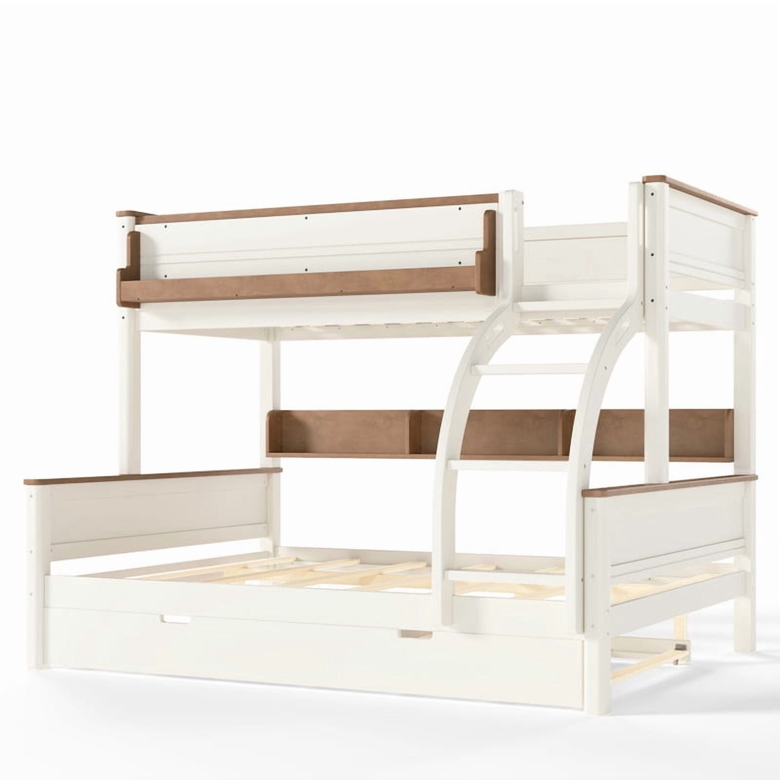 Twin-Over-Full Wooden Bunk Bed Frame with Trundle, Detachable Bed Convertible Into 2 Platform Beds, Kids Storage Bed with Shelf
