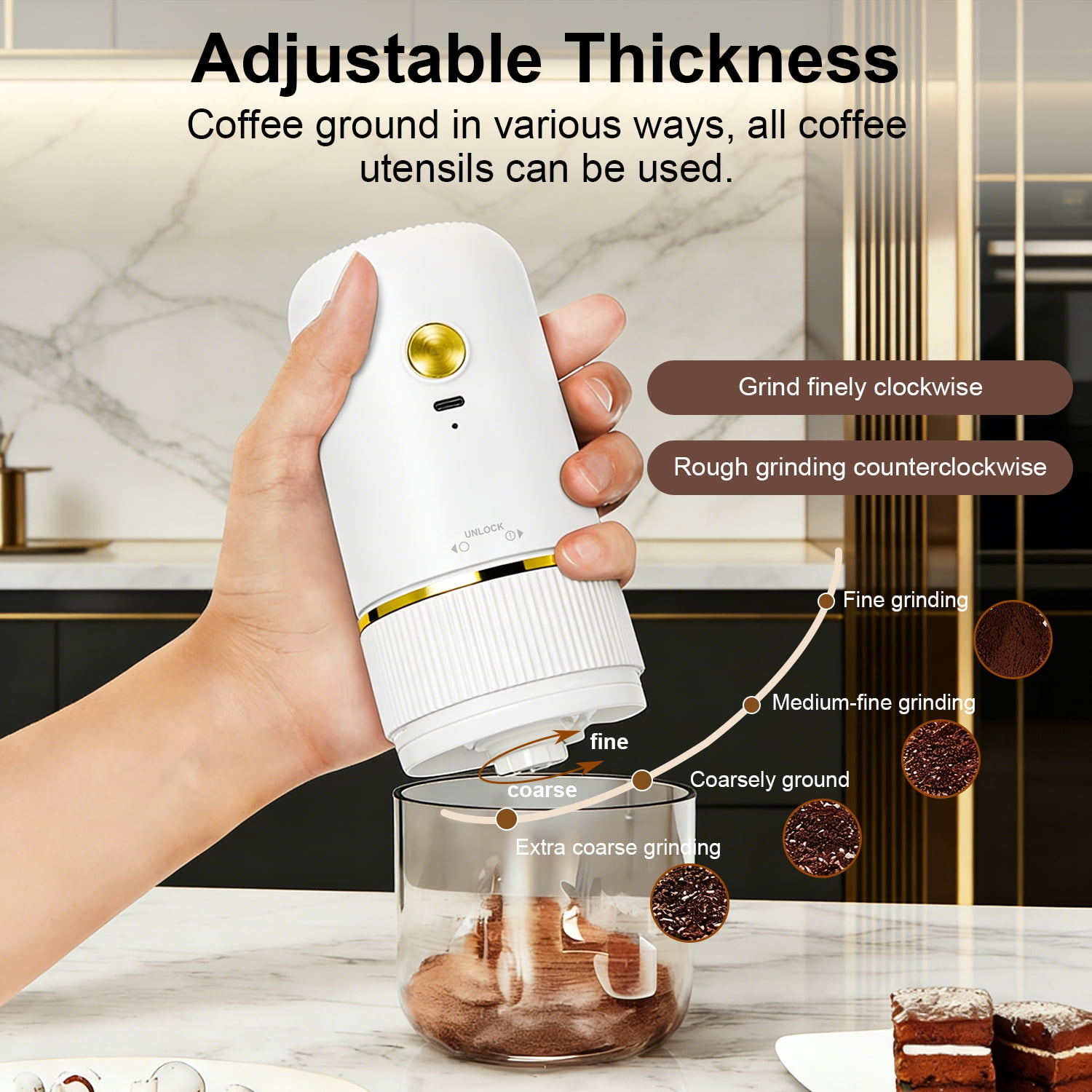 Portable Electric Burr Coffee Grinder, Mini Rechargeable Electric Coffee Bean Grinder with Cleaning Brush, Auto-Stop, Coffee Grinder for Espresso, French Press, Travel, Camping, Home & Office, White