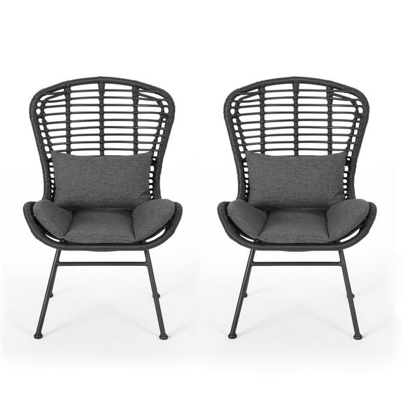 Outdoor Round Accent Chair Set of 2, Gray Faux Rattan, Black Iron