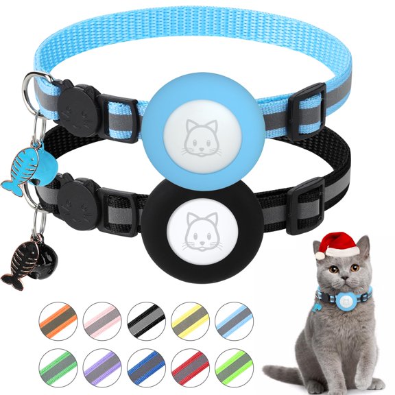 SimpleThings Airtag Cat Collar with Holder, Reflective Nylon, Breakaway Safety Buckle, Adjustable Size 8.66-13.78 Inches, Black Blue, Compatible with Apple Airtag for Cat