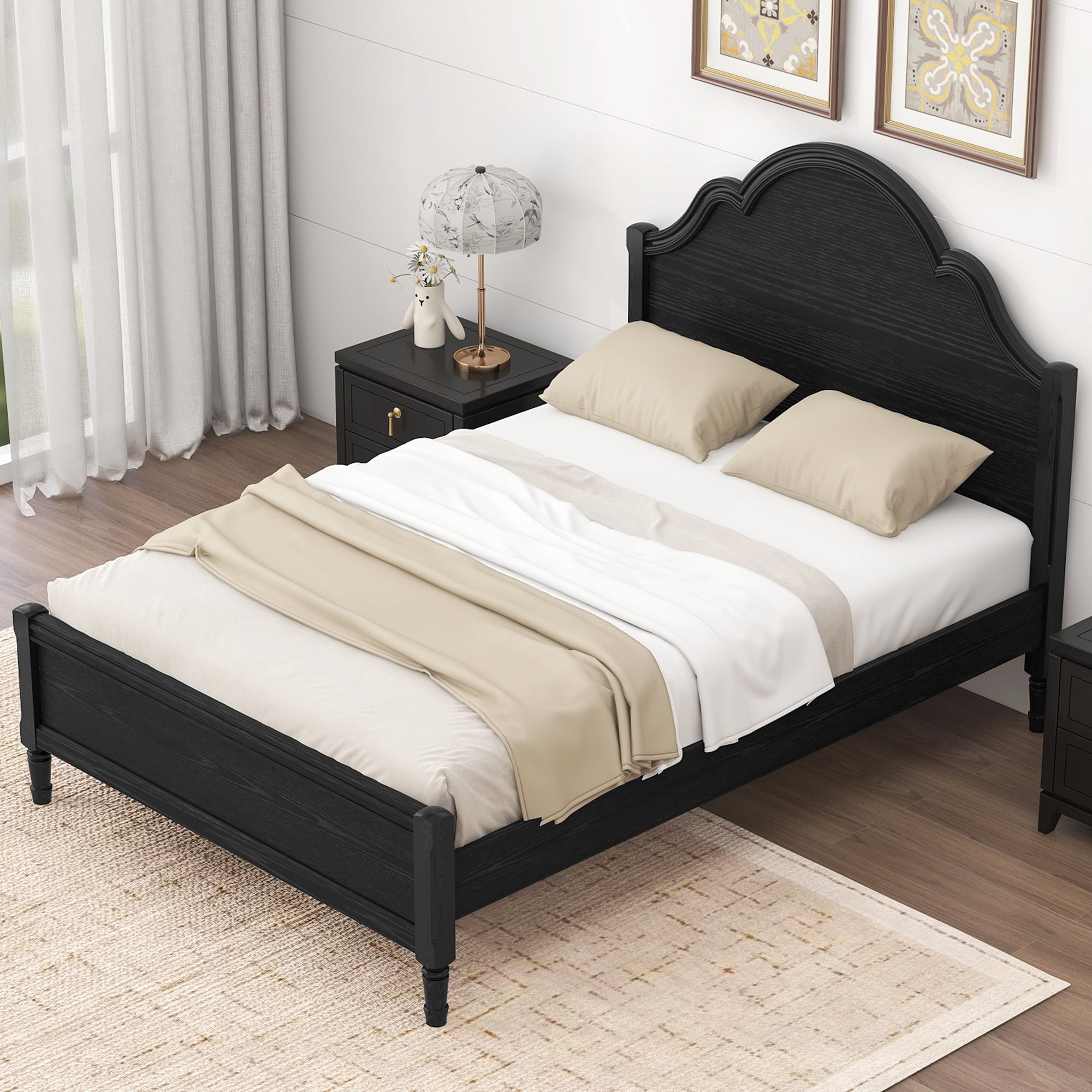 Euroco Wood Full Size Platform Bed with Headboard, No Spring Box Needed, Black