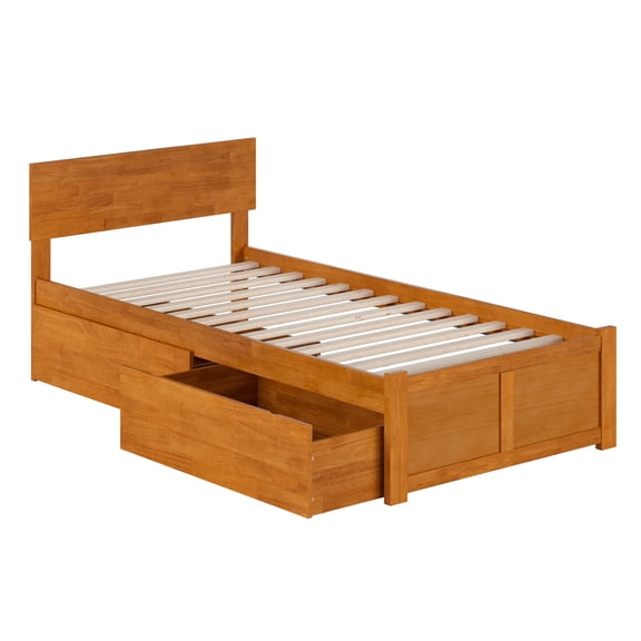HomeStock Seaside Serenity Twin XL Solid Wood Platform Bed with Footboard & Storage Drawers in Light Toffee