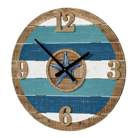La Mer Coastal Wooden Plank Wall Clock Blue 24 Inches Diameter
