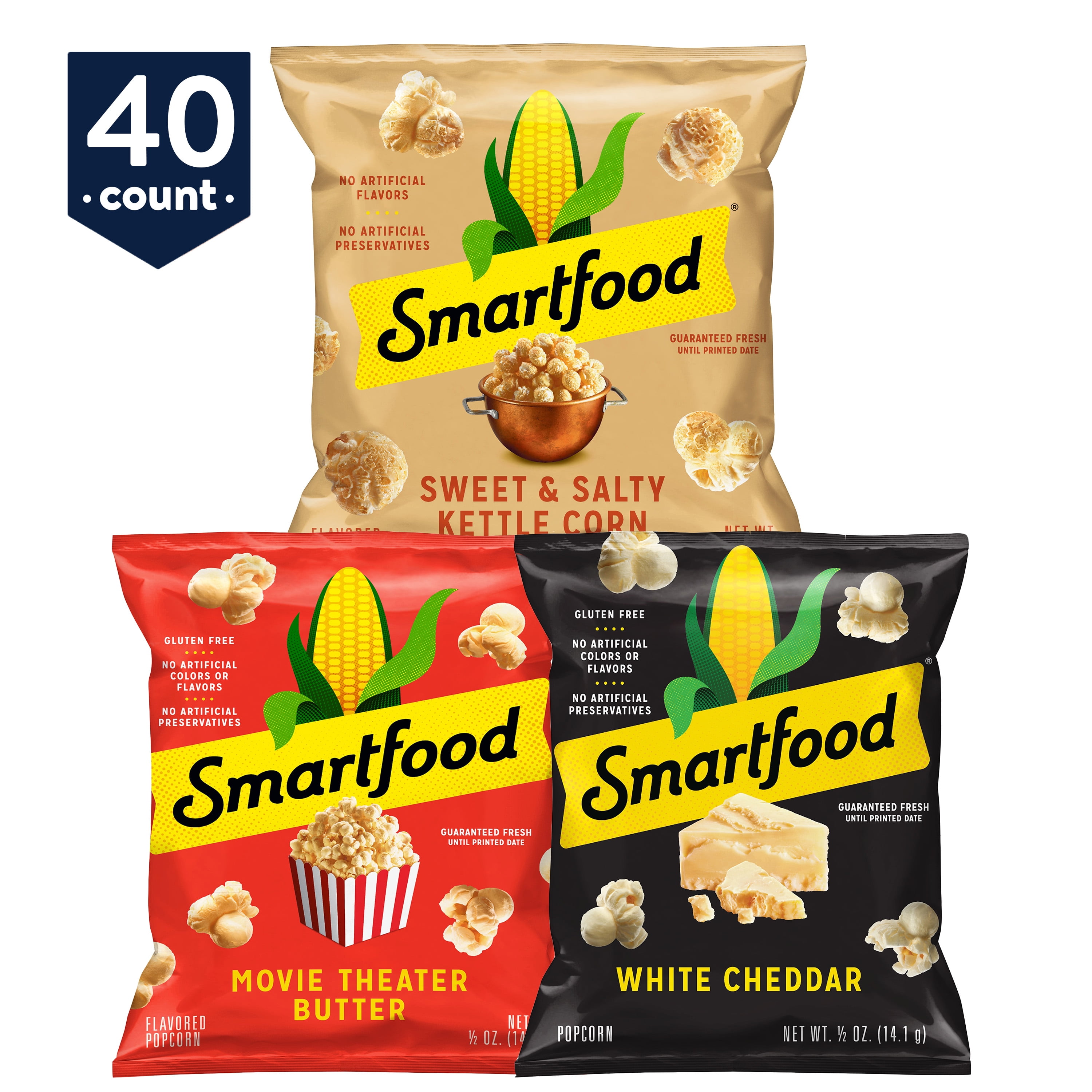 Photo 1 of Smartfood White Cheddar Kettle Corn & Movie Theater Butter Popcorn Variety Pack 0.5 Oz Bags 40 Ct
