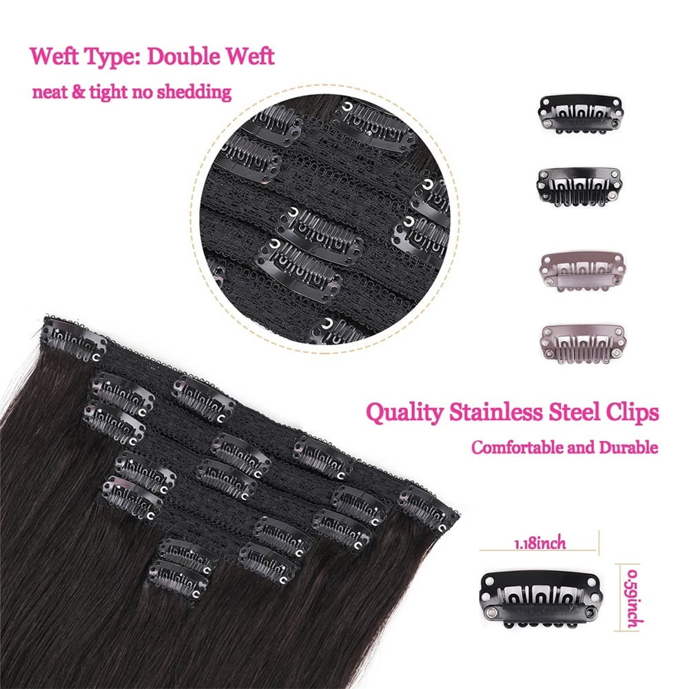 Clip in Hair Extensions Real Human Hair Remy Clip in Hair Extensions Double Weft #1B Natural Black