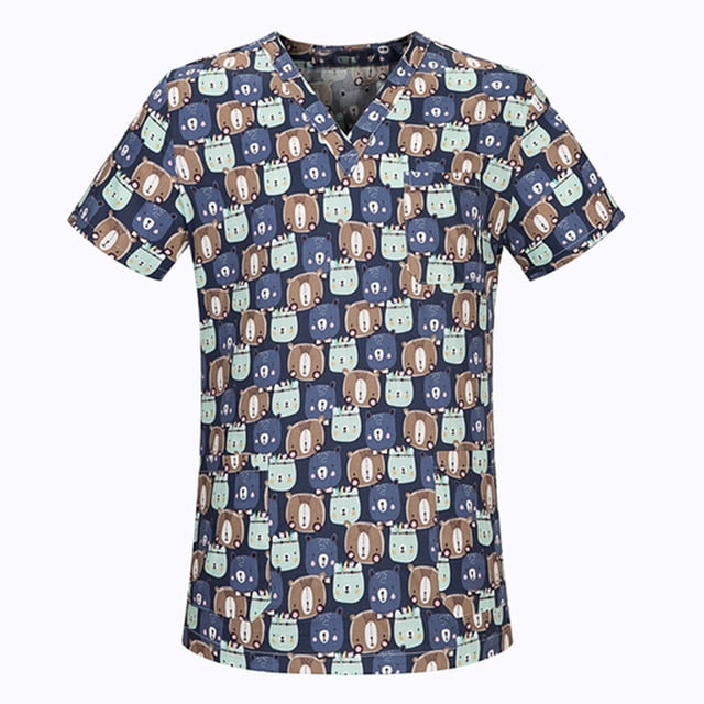 EGNMCR Hauts de Sarrau d'Infirmière pour Femmes Mode Décontractée Imprimé Uniforme de Travail Manches Courtes Col en V Blouse T-shirt de Travail avec Poches, Cadeaux pour Femmes