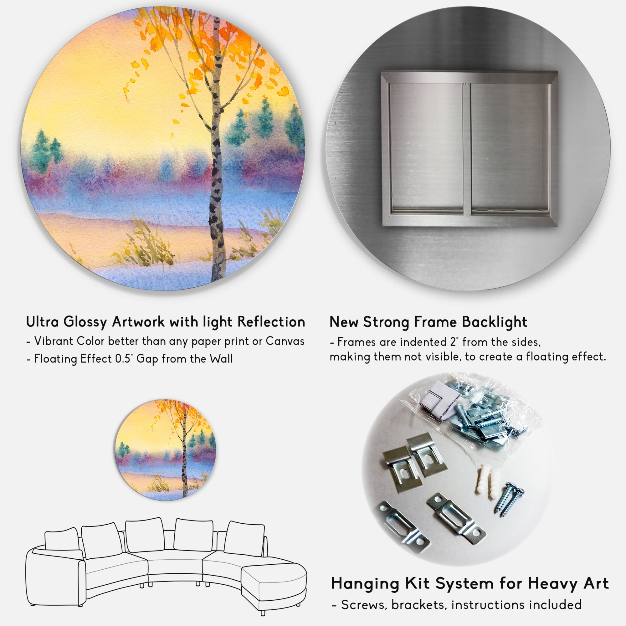 Designart 'Evening Sky Over Lake Winter Landscape' Traditional Circle Metal Wall Art 29x29 - Disc of 29