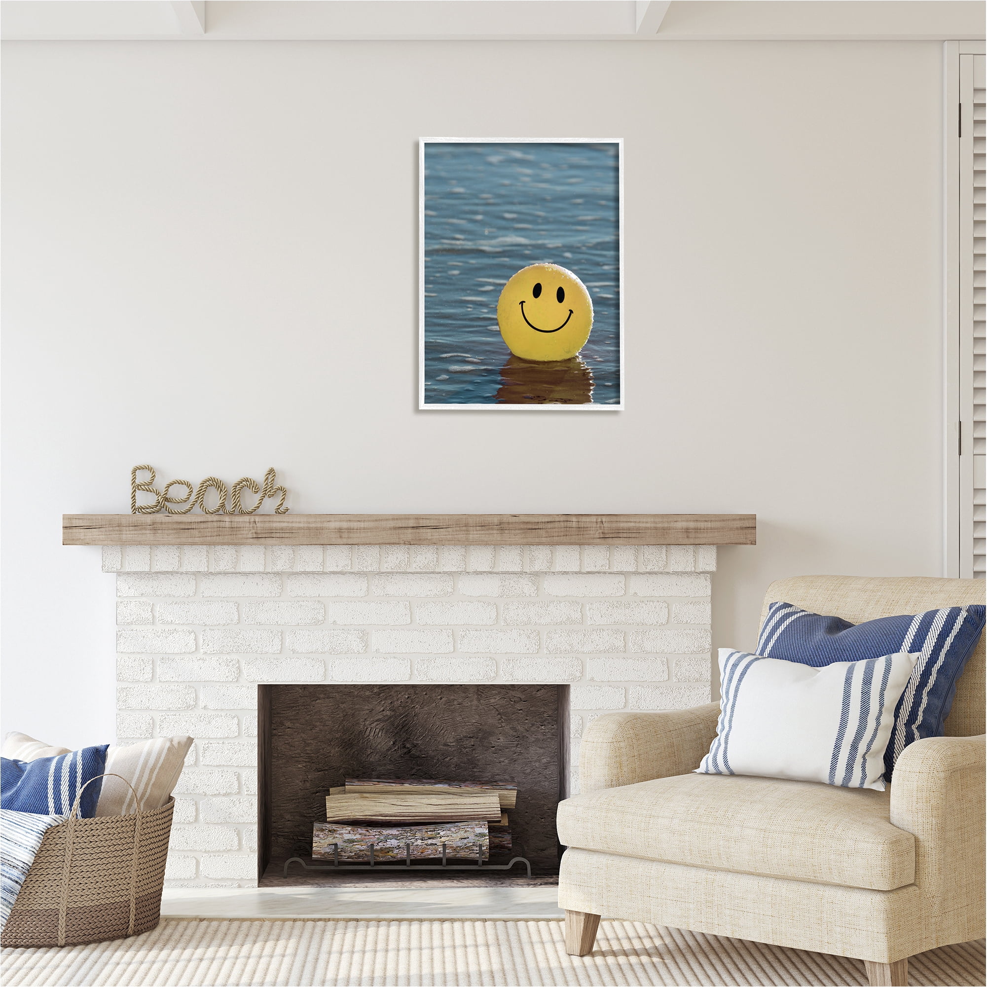 Stupell Industries Smiley Beach Ball Landscape Photography White Framed Art Print Wall Art, 24 x 30