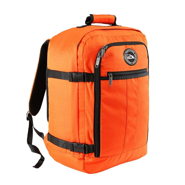 Cabin Max Mini Metz 30L under seat mini backpack in bright orange, designed for compact travel with dimensions of 18x14x8 inches. Features include a spacious 30-liter main compartment, side compression straps, a large front organizational pocket, and padded backpack straps for comfort. Suitable for major airlines like Southwest and Delta.