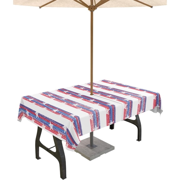 4th of July Tablecloth with Umbrella Hole and Zipper Patriotic Stars Stripes Outdoor Tablecloths 60x102 Table Cloths American Flag White Blue Red Patio Table Cloth Cover for Independence Day Garden