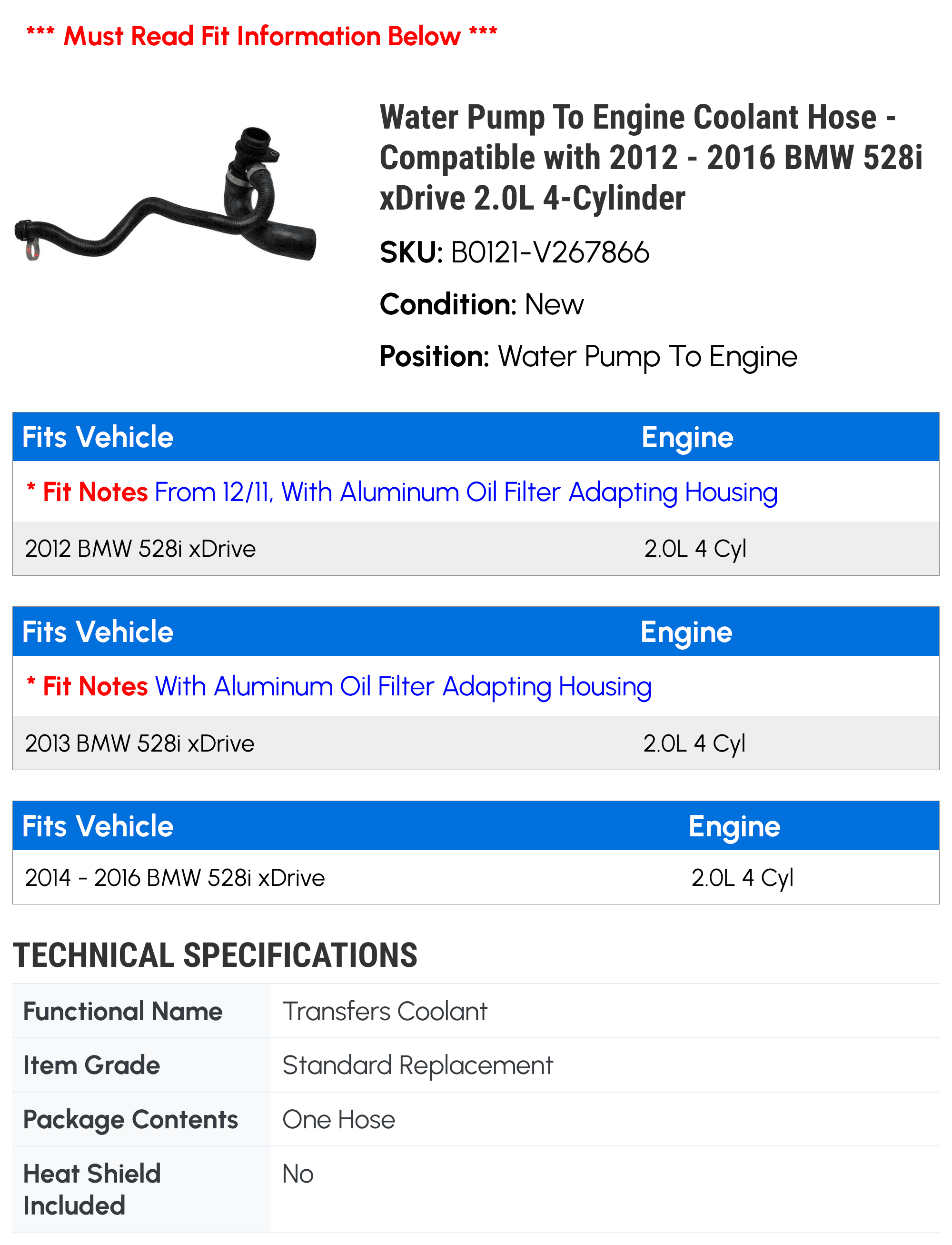 Water Pump To Engine Coolant Hose - Compatible with 2012 - 2016 BMW 528i xDrive 2.0L 4-Cylinder 2013 2014 2015