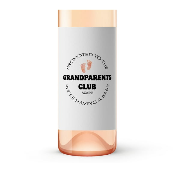 Promoted to Grandparents Club Again Wine Labels â SET of 4 â GENDER NEUTRAL Second Pregnancy Announcement Wine Label for Parents, Baby Announcement, Pregnancy Reveal, Alternative to Card A100-4PA