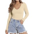thumbnail image 2 of Women Sexy V Neck Lace Long Sleeve Shirts Basic Fitted Double Lined Going Out Y2K Trendy Fall Tops Yellow XL, 2 of 6