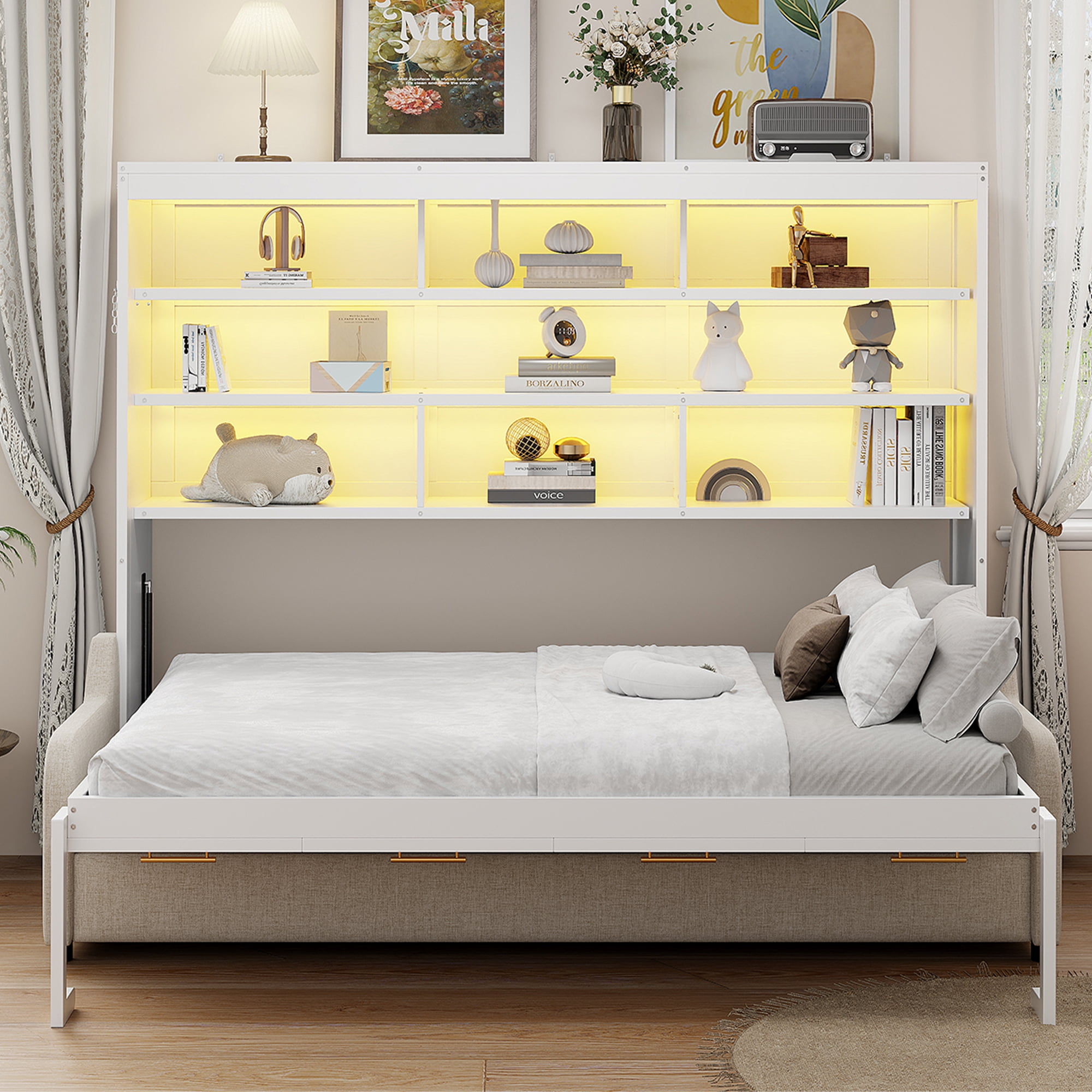Queen Size Murphy Cabinet Bed with Folding Sofa, Built-in Storage Shelves and LED Light, Beige