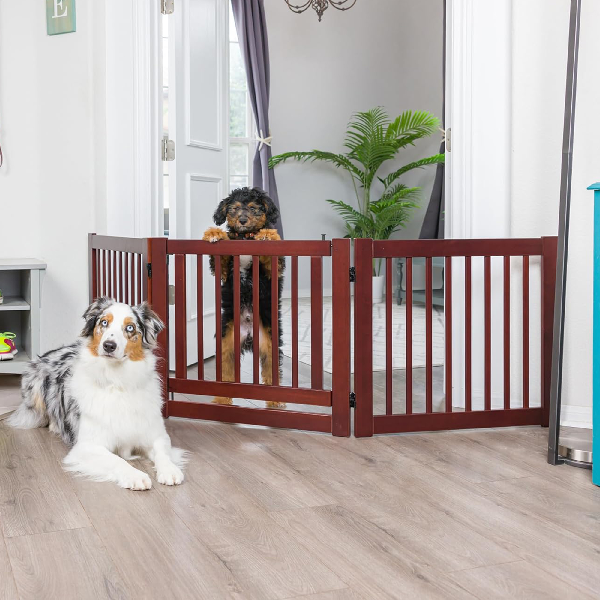 Pefilos 81" 3 Panel Wooden Folding Fence Freestanding Pet Gate, Stairs Step Over Divider for Dogs and Puppies, Brown
