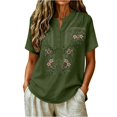 thumbnail image 3 of Embroidered Linen Shirt for Women, V-Neck Short Sleeve Cotton Blend Tunic with Floral Details - Loose Fit Casual Summer Top Army Green L, 3 of 8